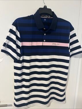 RLX Ralph Lauren Navy, White & Pink Striped Polo